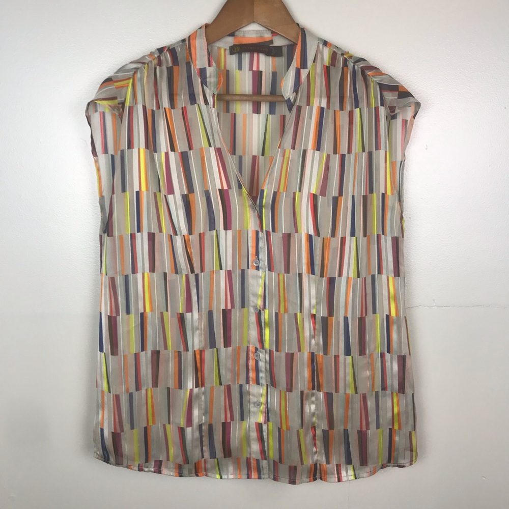 OUTBACK RED Patchwork Blouse Semi Sheer Button Sleeveless